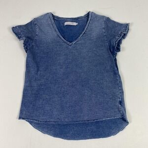 Billy T Shirt Womens Small Blue Ruffle Sleeve V Neck Cotton Casual Soft Top